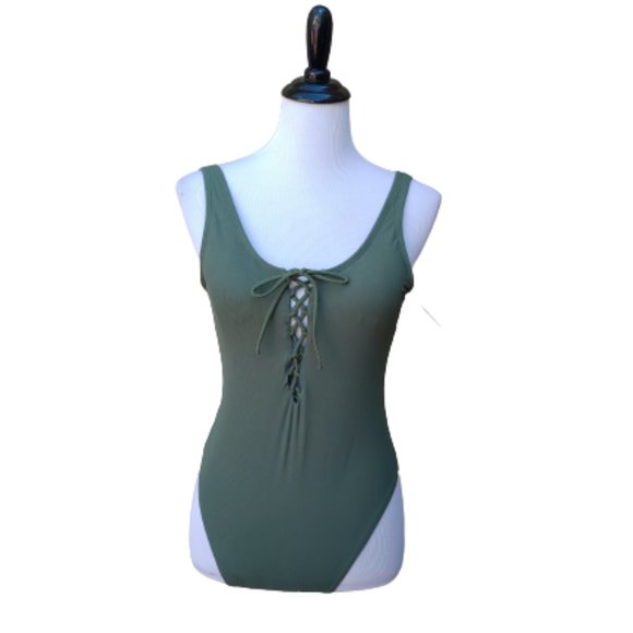 Xhilaration Green Ribbed One-Piece Swimsuit Lace-up Neckline Cheeky NWT - Picture 2 of 13
